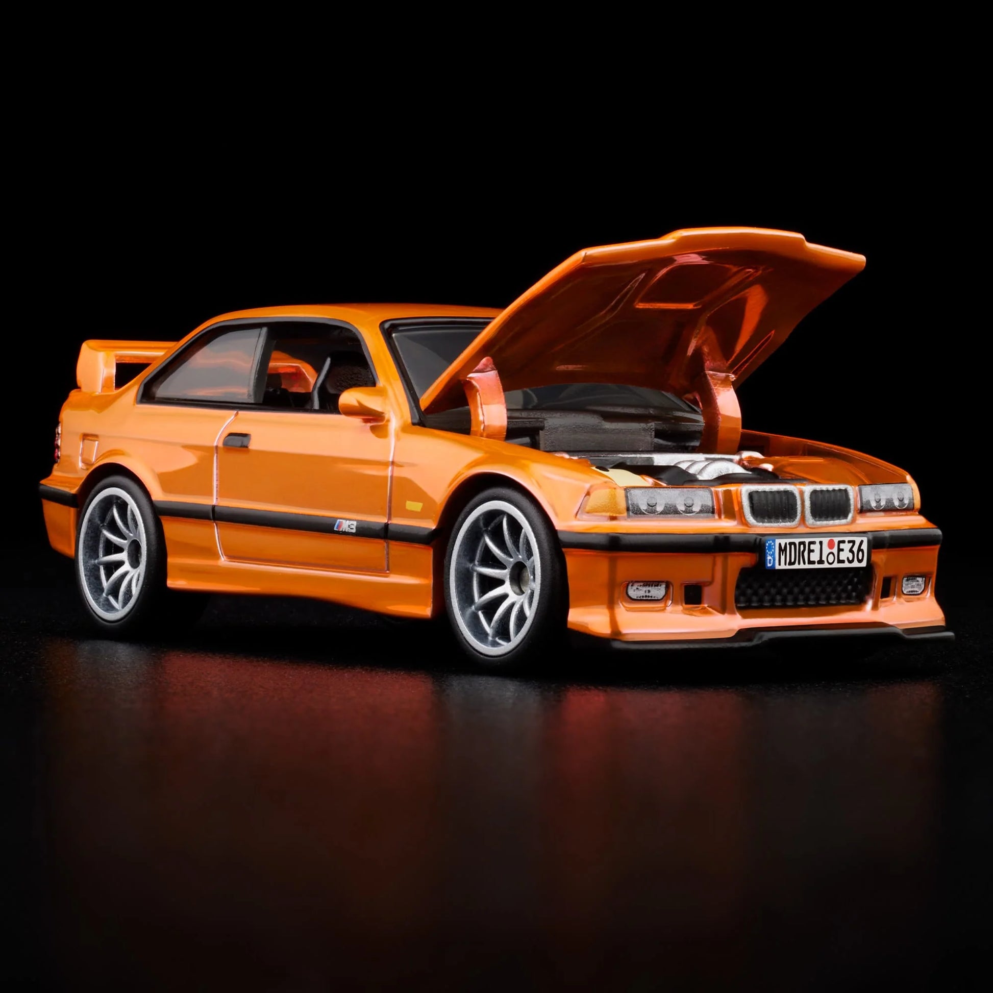 Hot Wheels RLC 1995 BMW M3 LTW in Spectraflame orange and opening hood, 1:64 scale collectible.