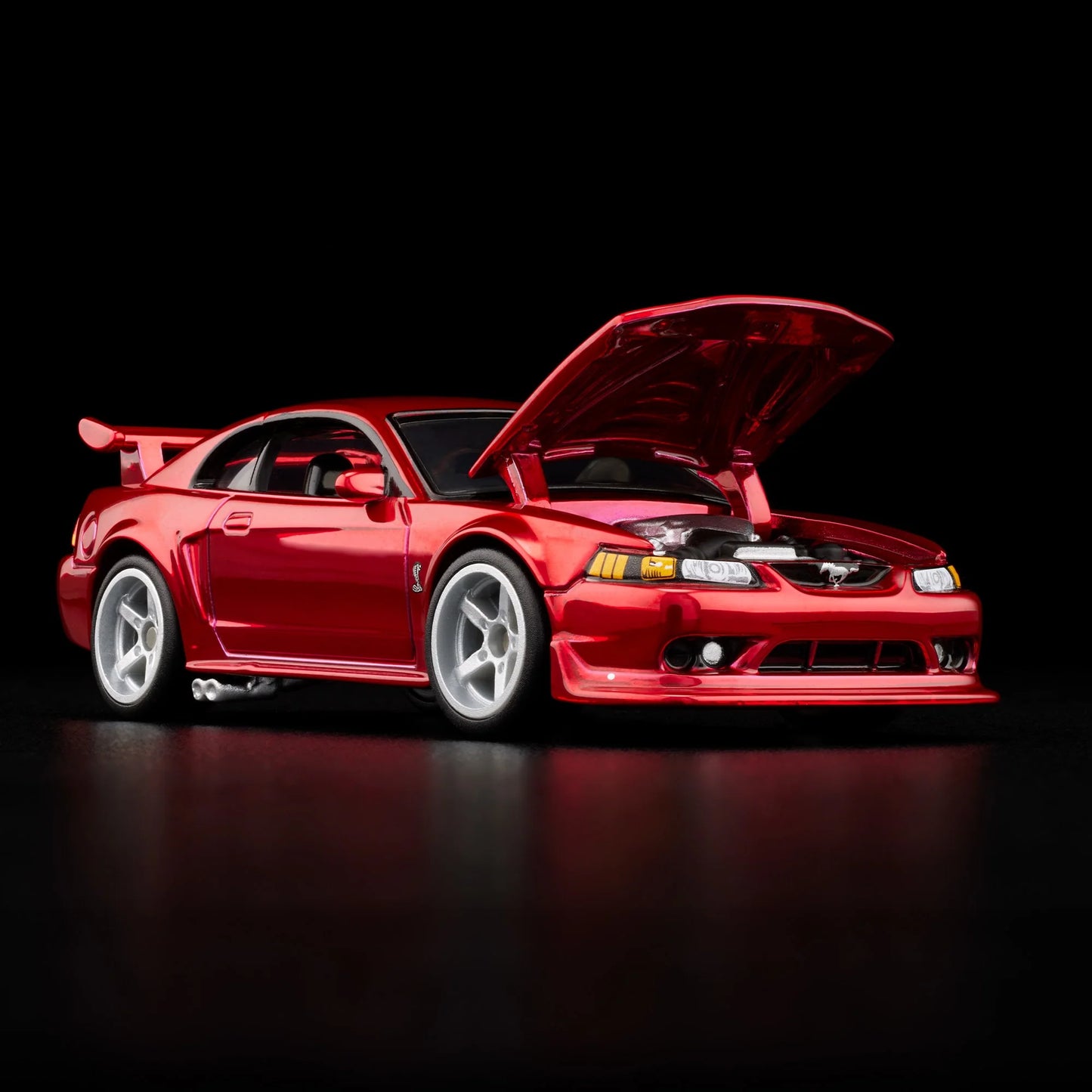 1:64 Hot Wheels RLC 2000 Ford Mustang SVT Cobra R Spectraflame bright red with opening hood.