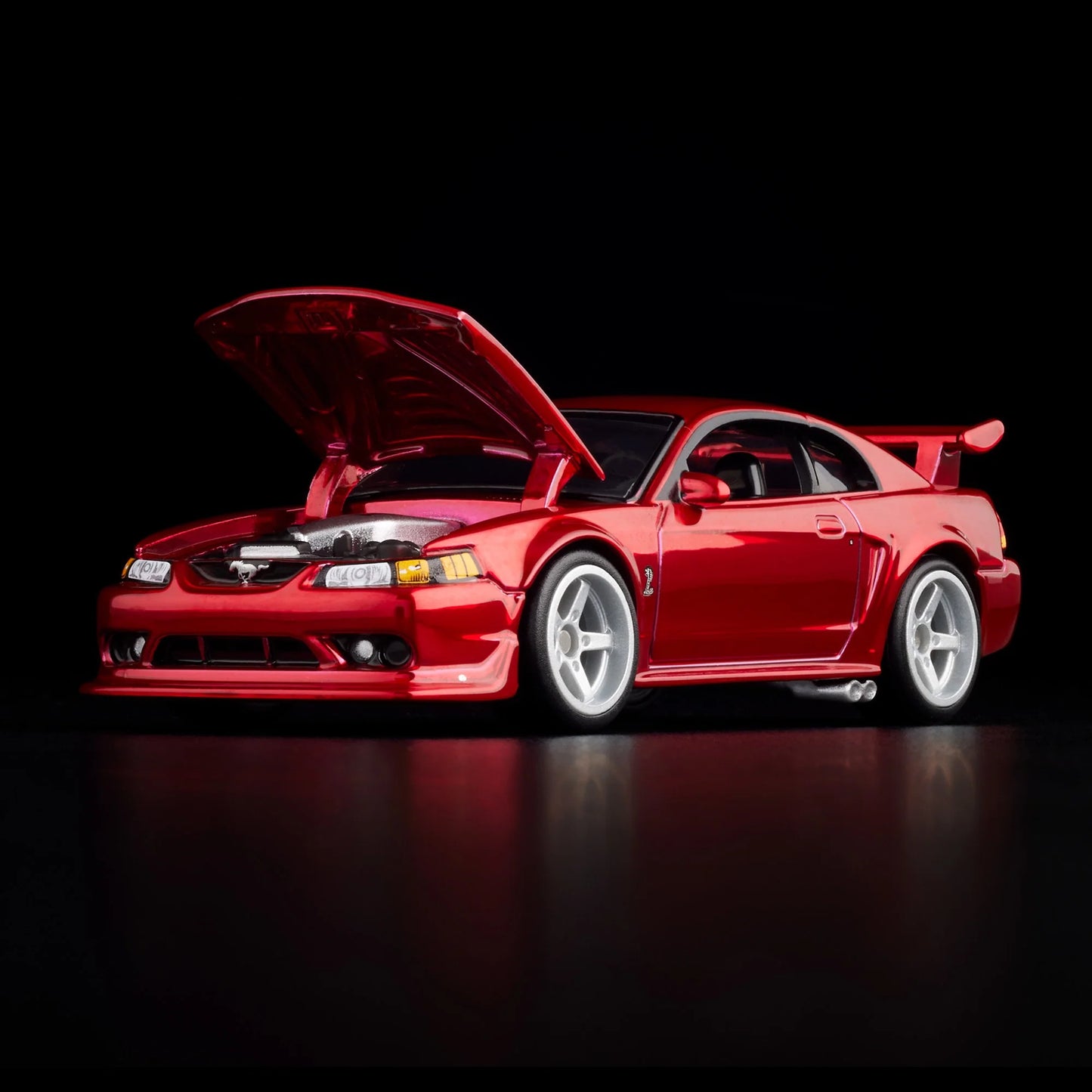 1:64 Hot Wheels RLC 2000 Ford Mustang SVT Cobra R Spectraflame bright red with opening hood.