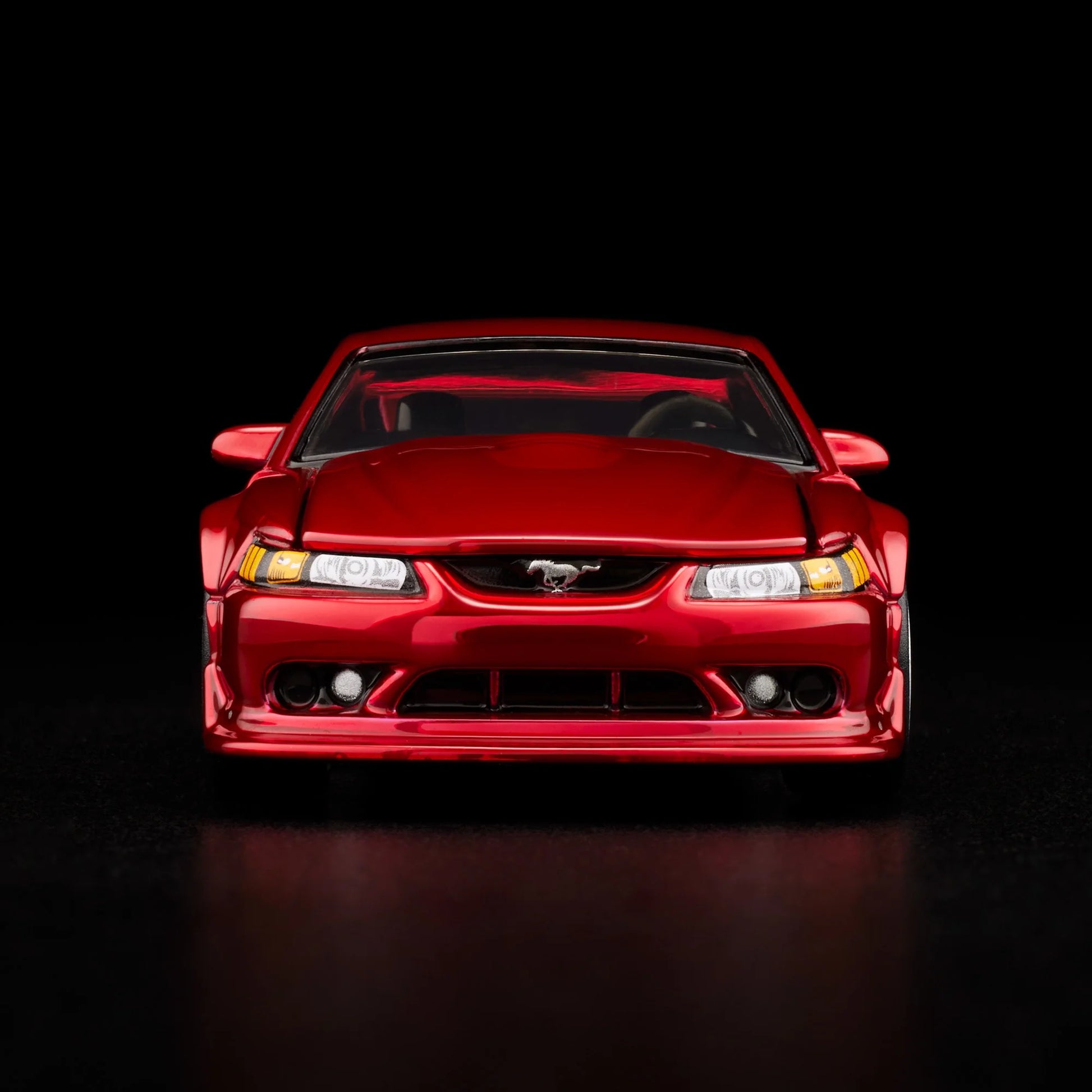 1:64 Hot Wheels RLC 2000 Ford Mustang SVT Cobra R Spectraflame bright red with opening hood.