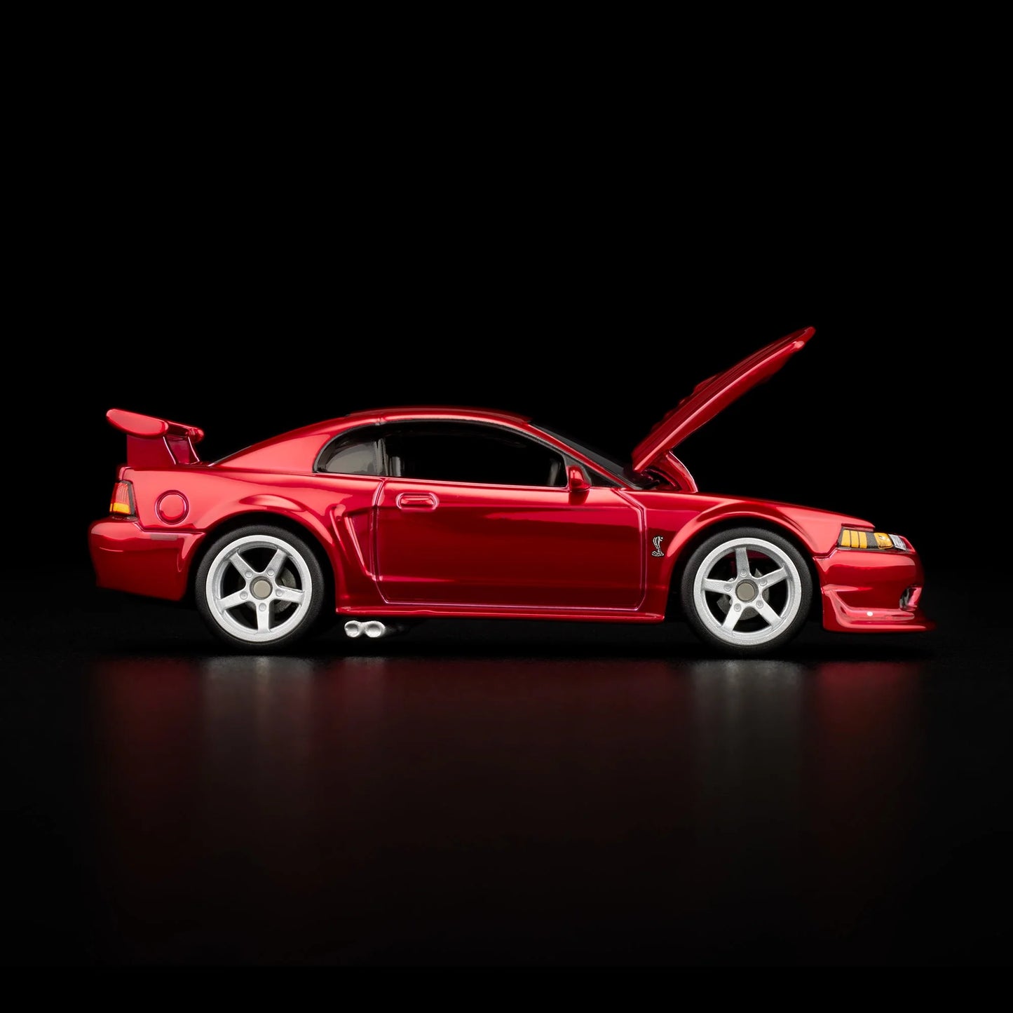 1:64 Hot Wheels RLC 2000 Ford Mustang SVT Cobra R Spectraflame bright red with opening hood.