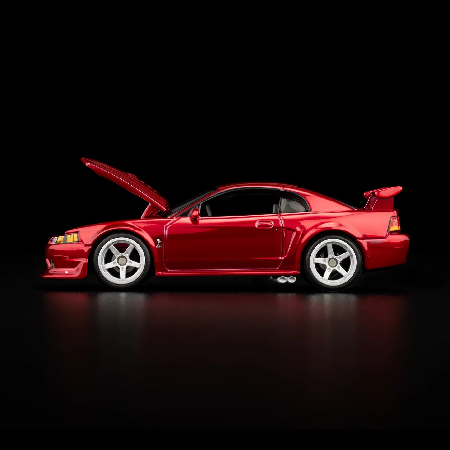 1:64 Hot Wheels RLC 2000 Ford Mustang SVT Cobra R Spectraflame bright red with opening hood.