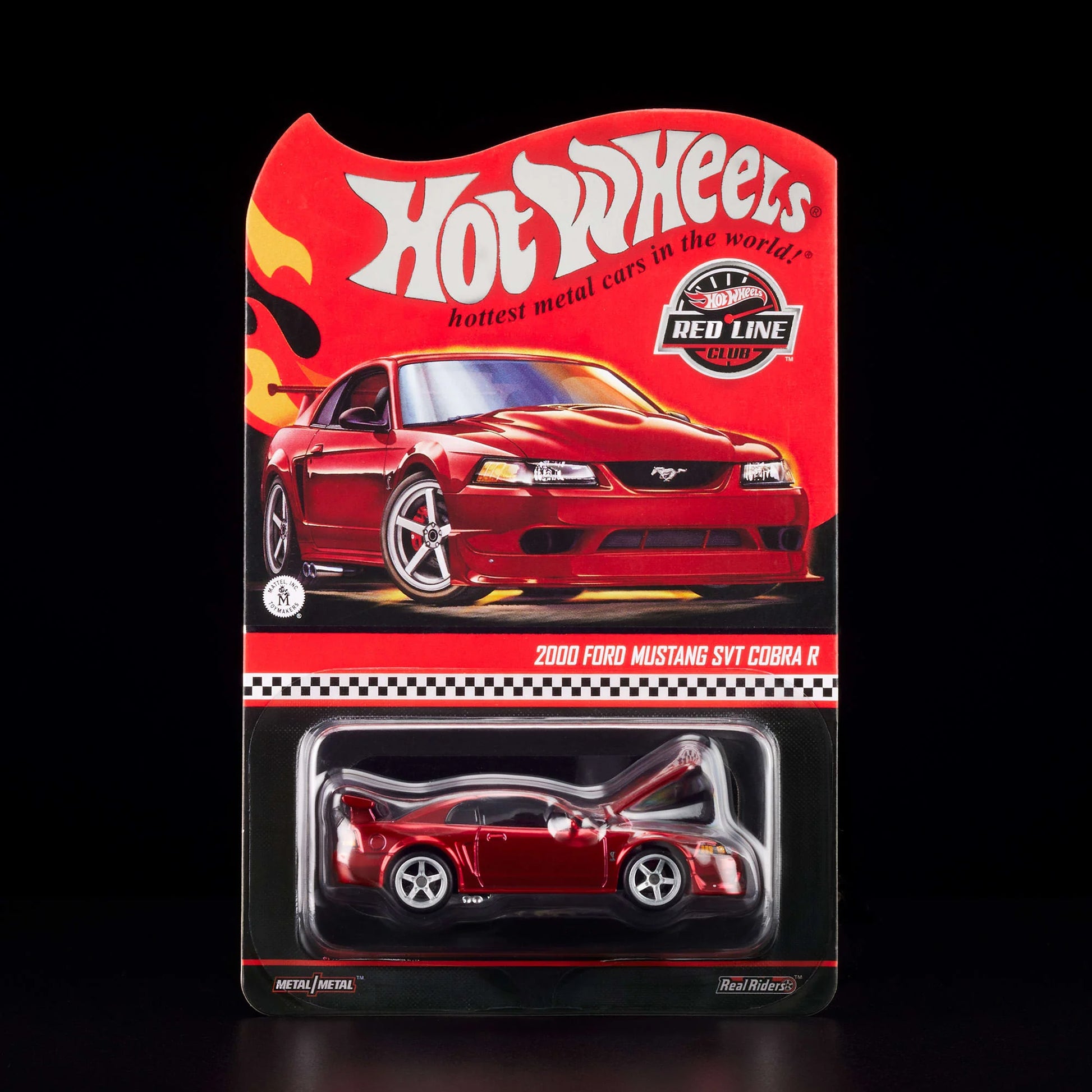 1:64 Hot Wheels RLC 2000 Ford Mustang SVT Cobra R Spectraflame bright red with opening hood.