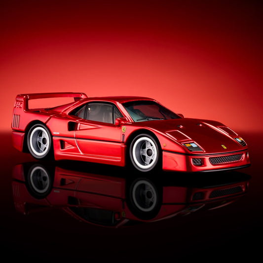 Hot Wheels RLC Ferrari F40 in bright red Spectraflame over silver plate with opening bonnet, rear clamshell and detailed engine.