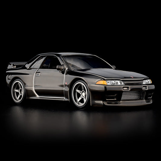 Hot Wheels RLC Nissan Skyline GT-R BNR32 in Spectraflame slate with Real Riders wheels, opening hood and detailed engine
