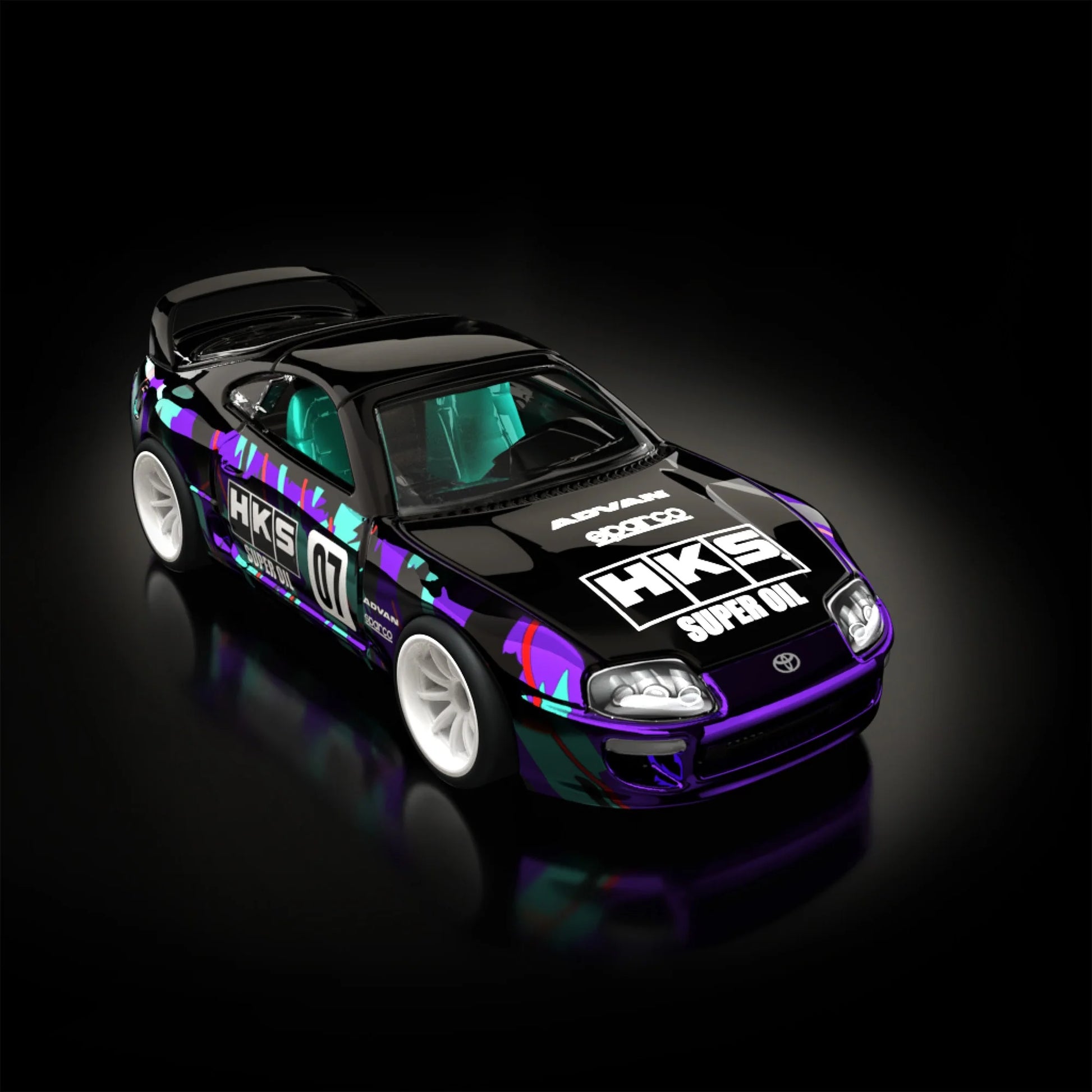 Hot Wheels RLC sELECTIONs 1997 Toyota Supra with black and purple HKS camo livery, opening hood, removable roof, and Real Riders wheels.