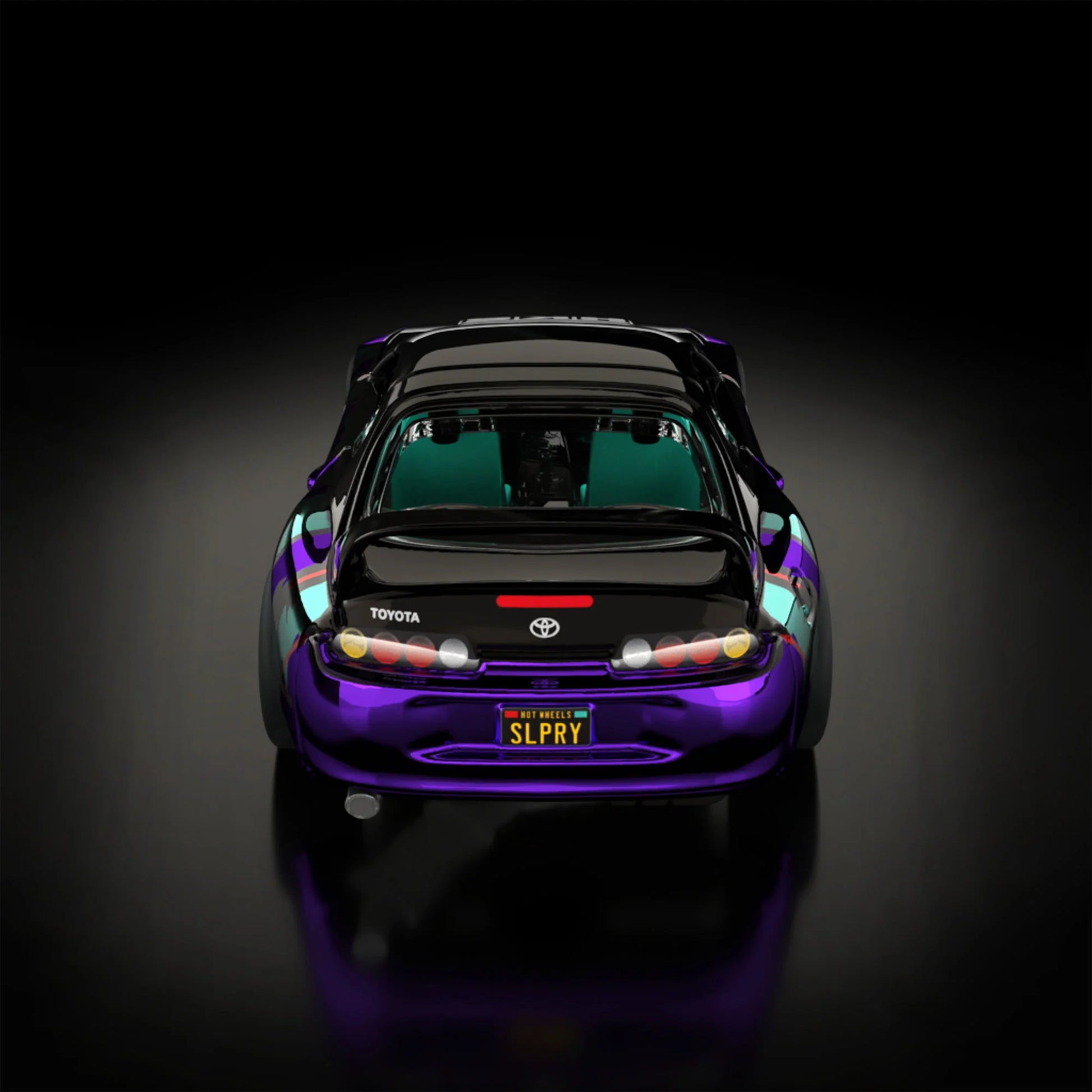 Hot Wheels RLC sELECTIONs 1997 Toyota Supra with black and purple HKS camo livery, opening hood, removable roof, and Real Riders wheels.