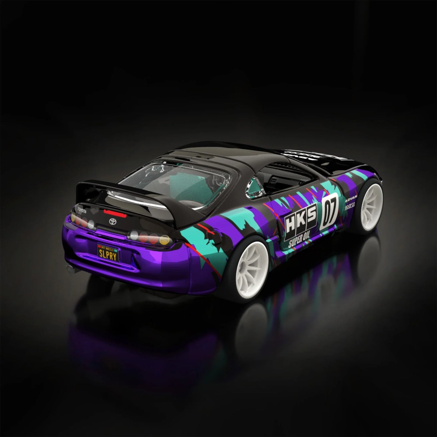Hot Wheels RLC sELECTIONs 1997 Toyota Supra with black and purple HKS camo livery, opening hood, removable roof, and Real Riders wheels.
