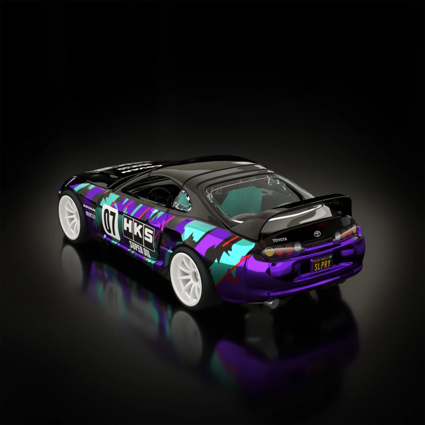 Hot Wheels RLC sELECTIONs 1997 Toyota Supra with black and purple HKS camo livery, opening hood, removable roof, and Real Riders wheels.