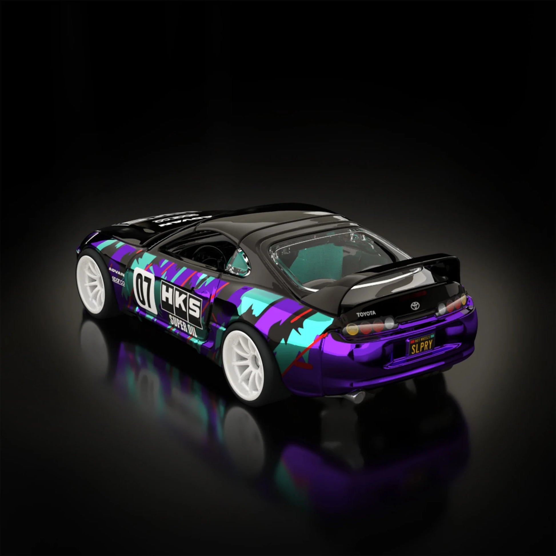 Hot Wheels RLC sELECTIONs 1997 Toyota Supra with black and purple HKS camo livery, opening hood, removable roof, and Real Riders wheels.