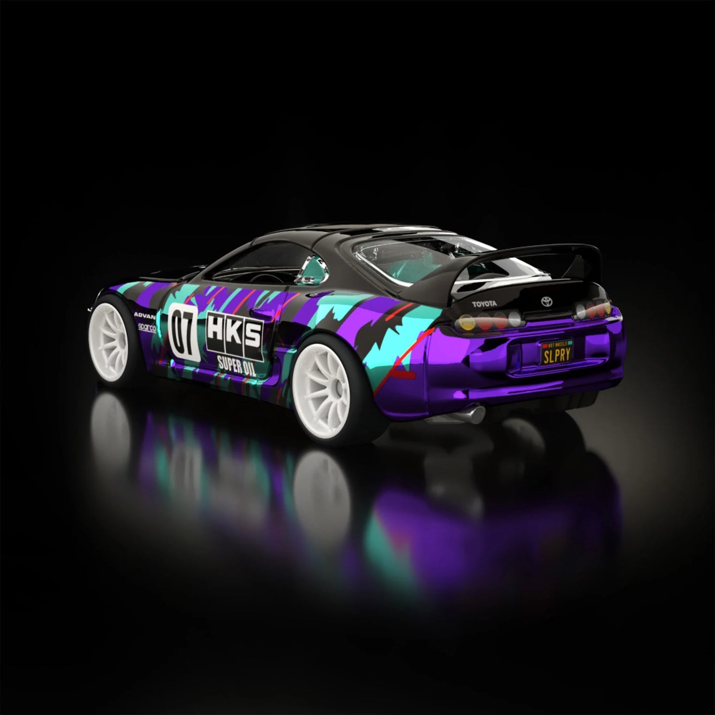 Hot Wheels RLC sELECTIONs 1997 Toyota Supra with black and purple HKS camo livery, opening hood, removable roof, and Real Riders wheels.