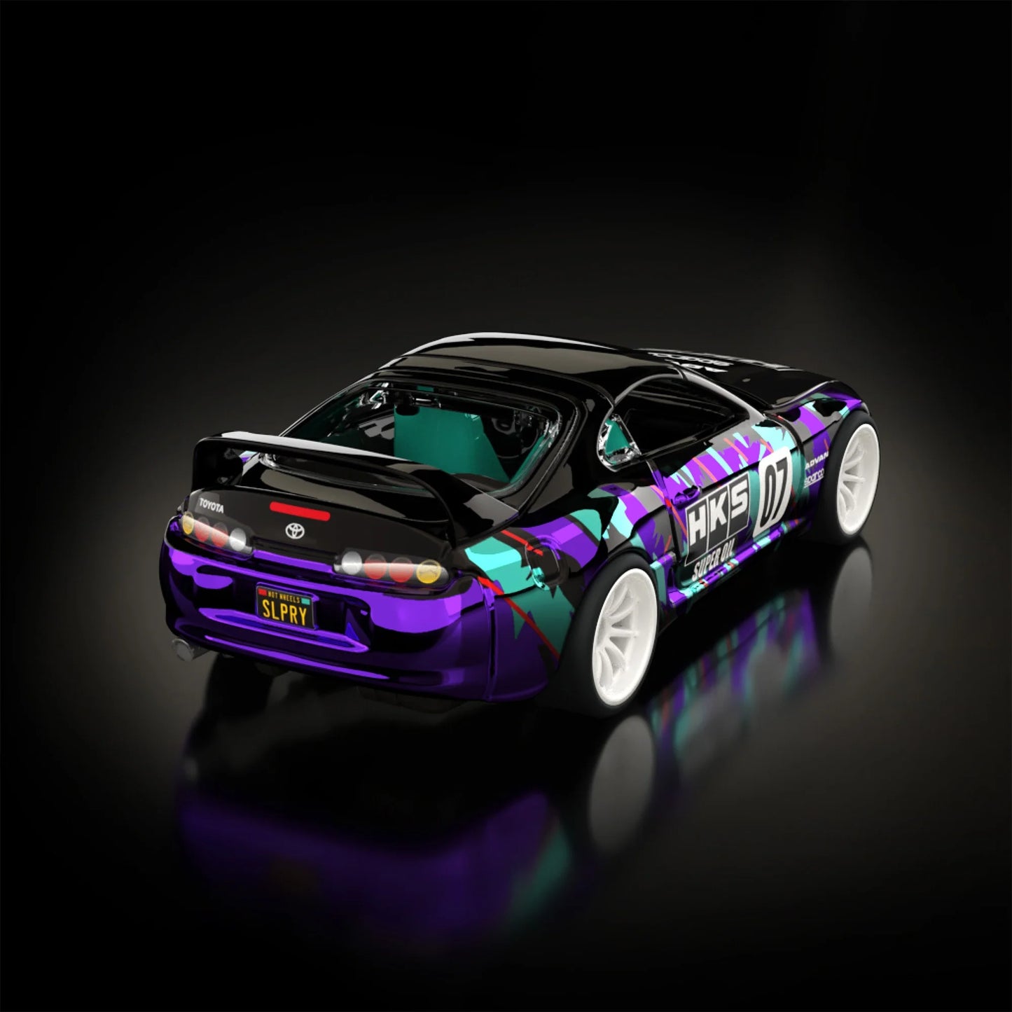 Hot Wheels RLC sELECTIONs 1997 Toyota Supra with black and purple HKS camo livery, opening hood, removable roof, and Real Riders wheels.