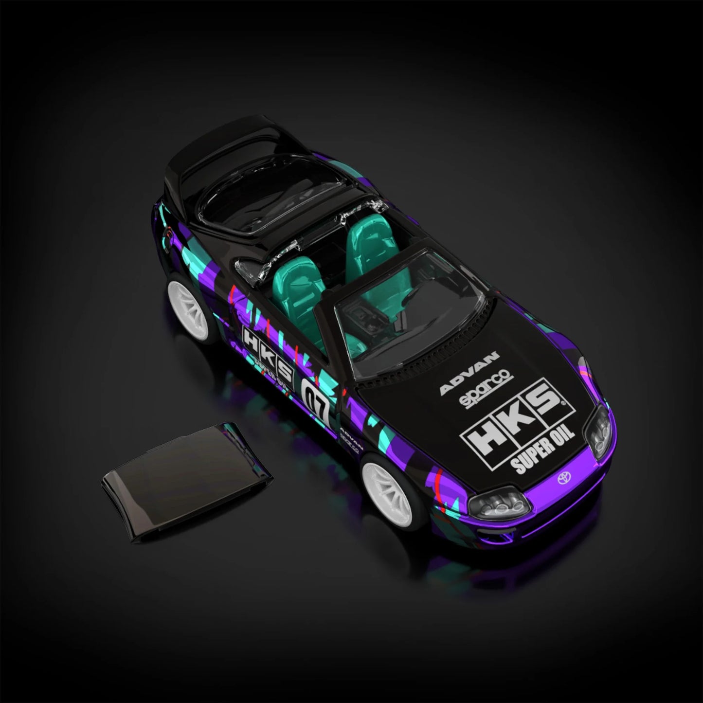 Hot Wheels RLC sELECTIONs 1997 Toyota Supra with black and purple HKS camo livery, opening hood, removable roof, and Real Riders wheels.