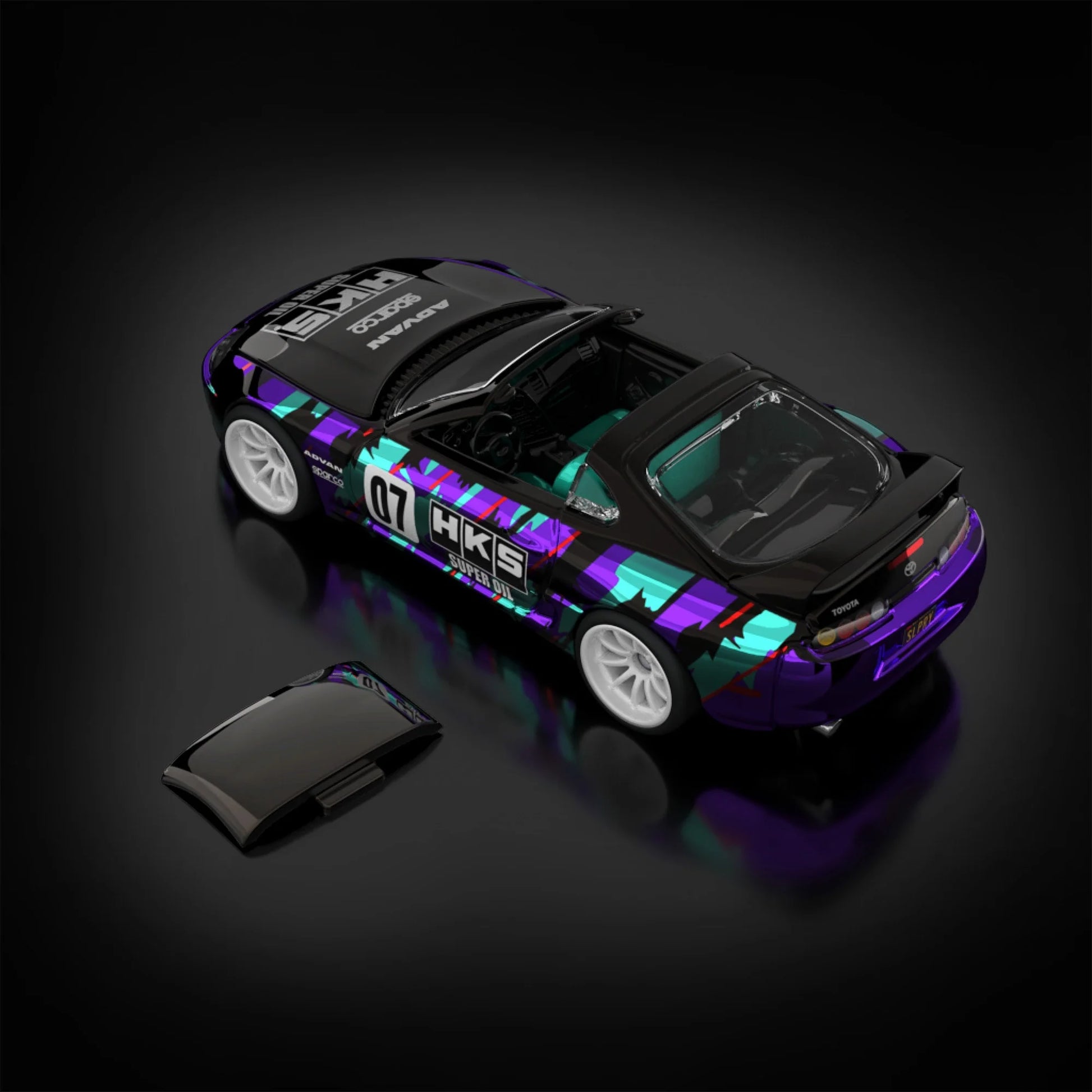 Hot Wheels RLC sELECTIONs 1997 Toyota Supra with black and purple HKS camo livery, opening hood, removable roof, and Real Riders wheels.