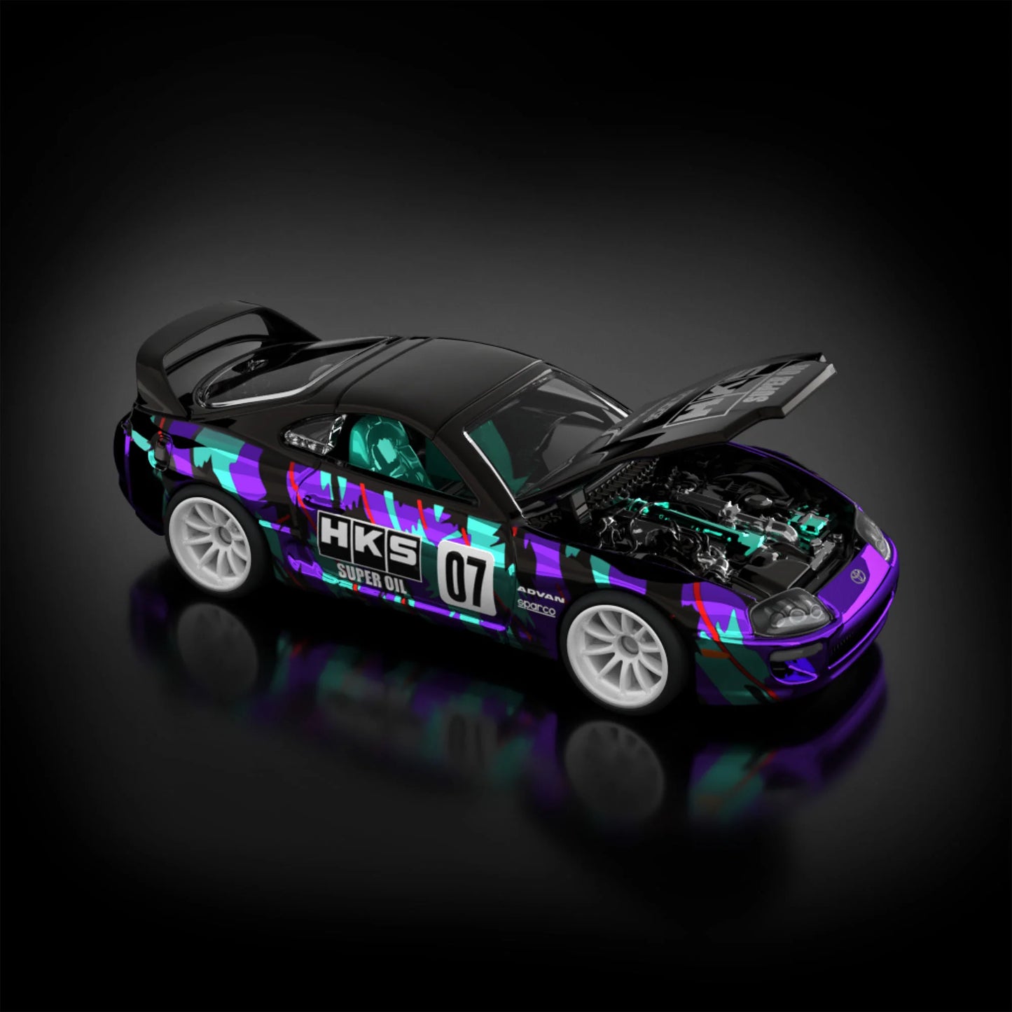 Hot Wheels RLC sELECTIONs 1997 Toyota Supra with black and purple HKS camo livery, opening hood, removable roof, and Real Riders wheels.