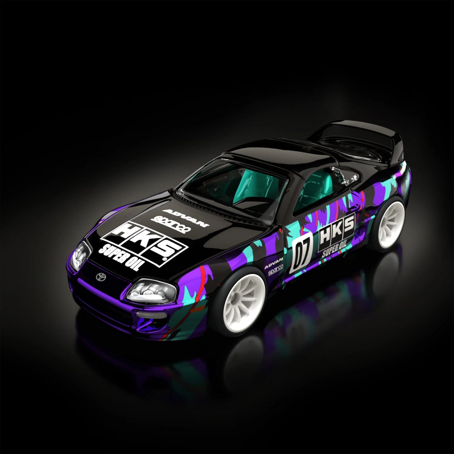 Hot Wheels RLC sELECTIONs 1997 Toyota Supra with black and purple HKS camo livery, opening hood, removable roof, and Real Riders wheels.