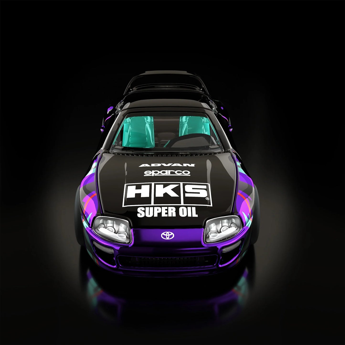 Hot Wheels RLC sELECTIONs 1997 Toyota Supra with black and purple HKS camo livery, opening hood, removable roof, and Real Riders wheels.