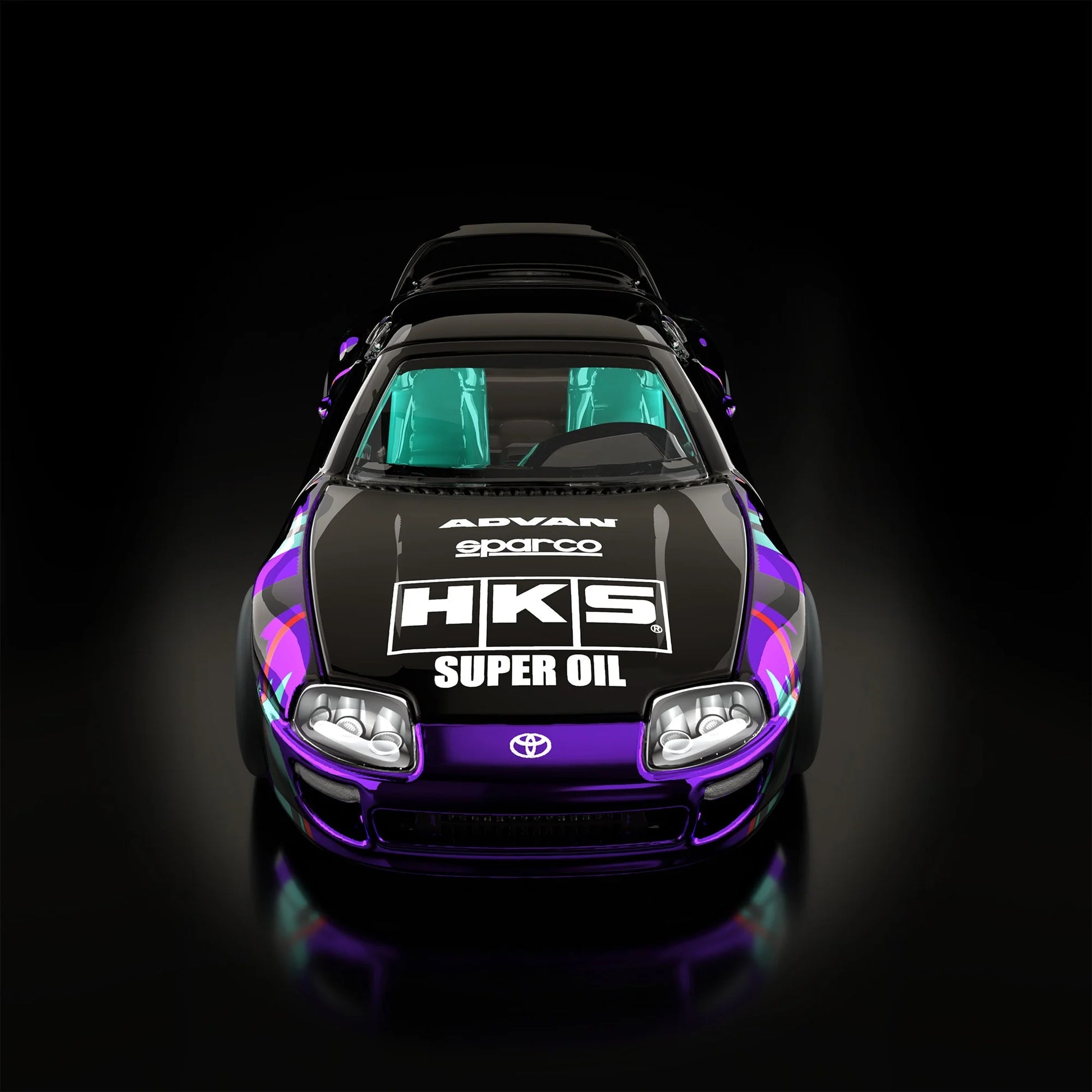 Hot Wheels RLC sELECTIONs 1997 Toyota Supra with black and purple HKS camo livery, opening hood, removable roof, and Real Riders wheels.