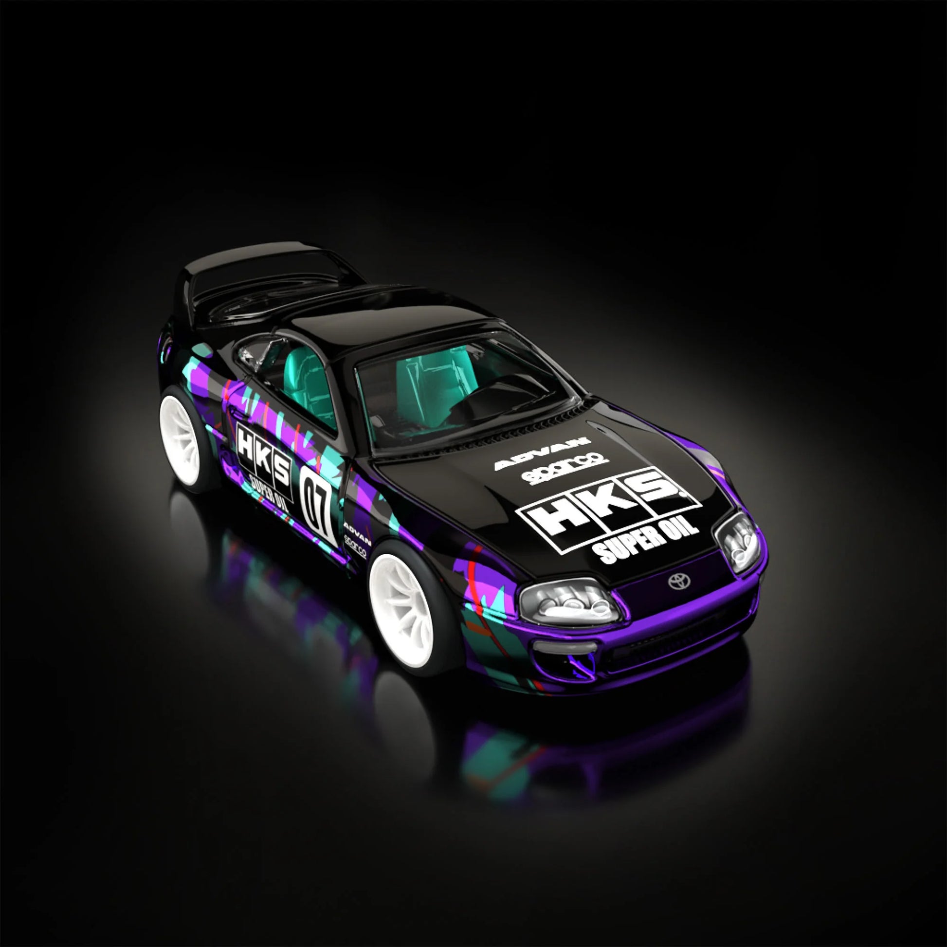 Hot Wheels RLC sELECTIONs 1997 Toyota Supra with black and purple HKS camo livery, opening hood, removable roof, and Real Riders wheels.