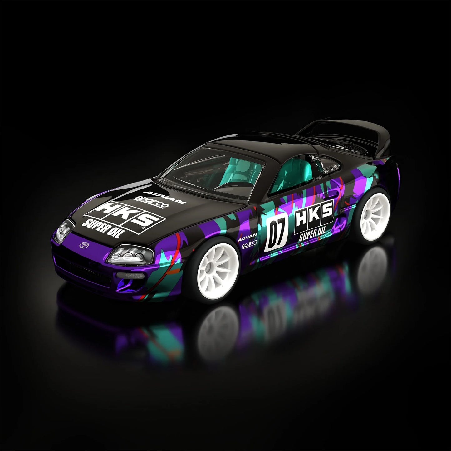 Hot Wheels RLC sELECTIONs 1997 Toyota Supra with black and purple HKS camo livery, opening hood, removable roof, and Real Riders wheels.