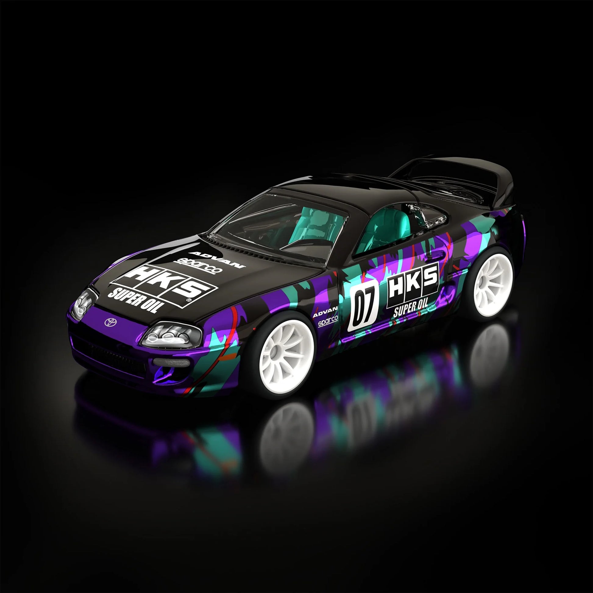 Hot Wheels RLC sELECTIONs 1997 Toyota Supra with black and purple HKS camo livery, opening hood, removable roof, and Real Riders wheels.