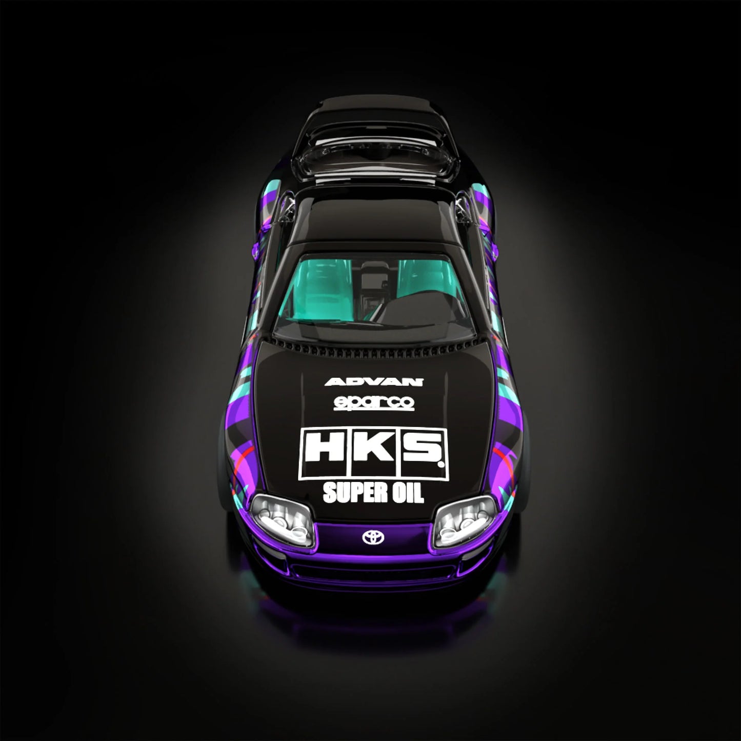 Hot Wheels RLC sELECTIONs 1997 Toyota Supra with black and purple HKS camo livery, opening hood, removable roof, and Real Riders wheels.