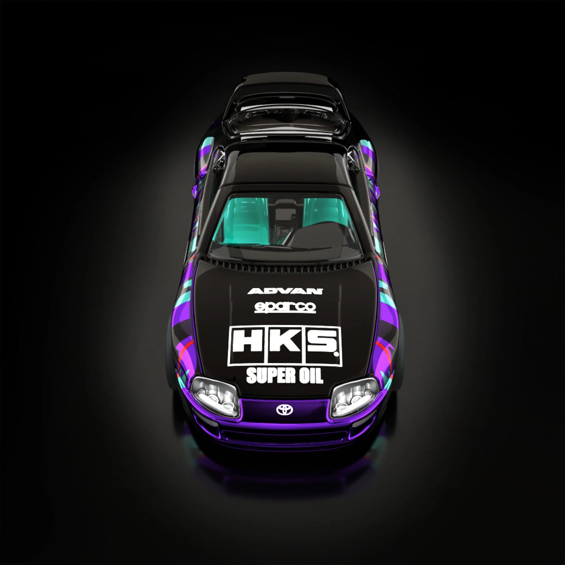 Hot Wheels RLC sELECTIONs 1997 Toyota Supra with black and purple HKS camo livery, opening hood, removable roof, and Real Riders wheels.