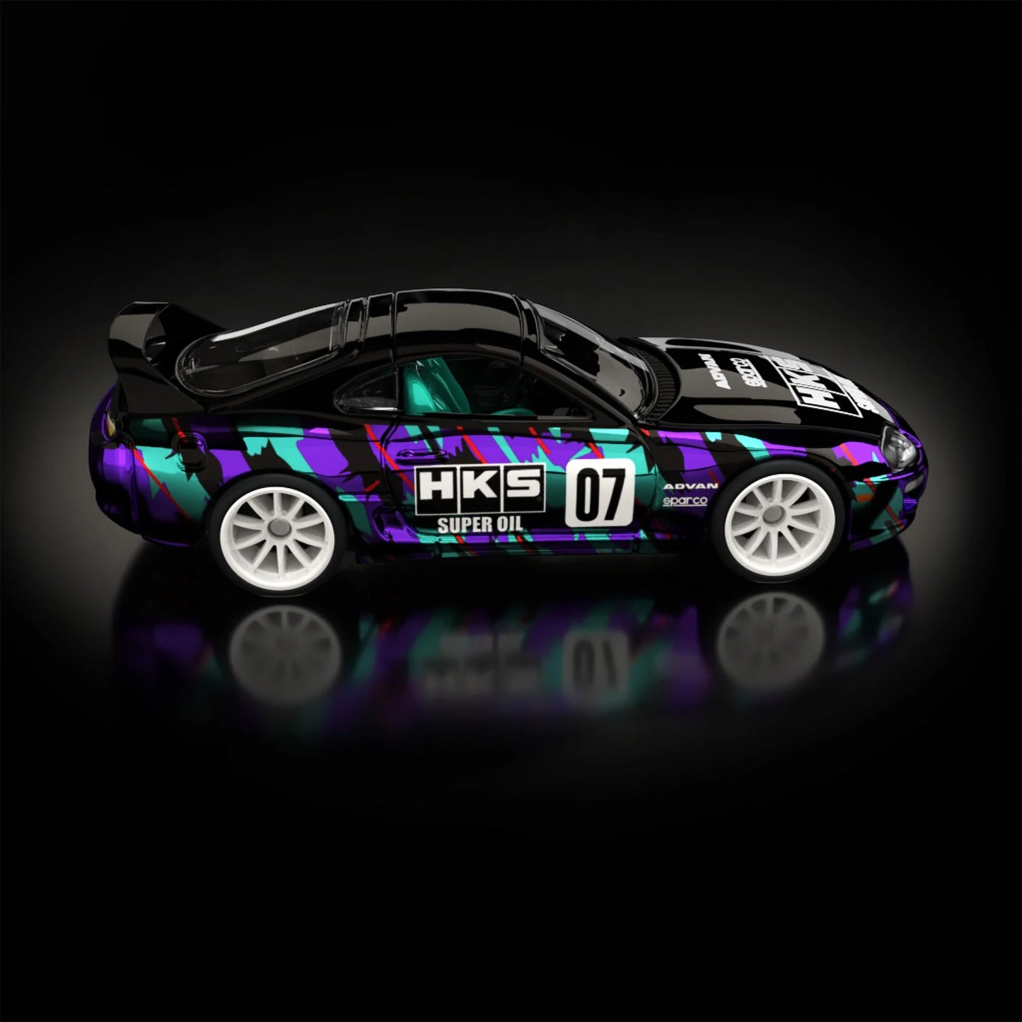 Hot Wheels RLC sELECTIONs 1997 Toyota Supra with black and purple HKS camo livery, opening hood, removable roof, and Real Riders wheels.