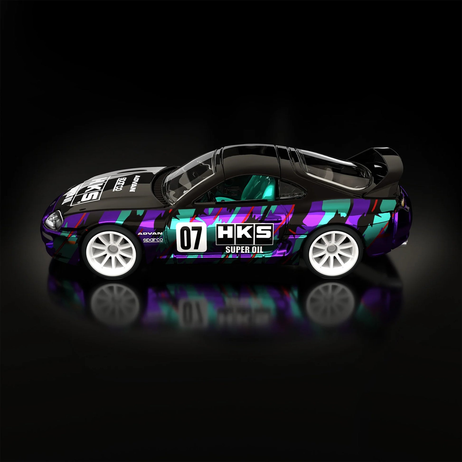 Hot Wheels RLC sELECTIONs 1997 Toyota Supra with black and purple HKS camo livery, opening hood, removable roof, and Real Riders wheels.