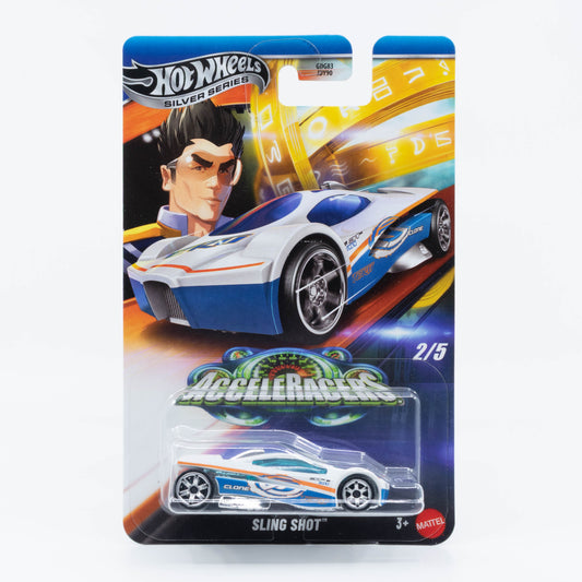 1:64 Hot Wheels AcceleRacers Sling Shot Teku Livery 2025 – metallic blue die-cast model from the Silver Line series.
