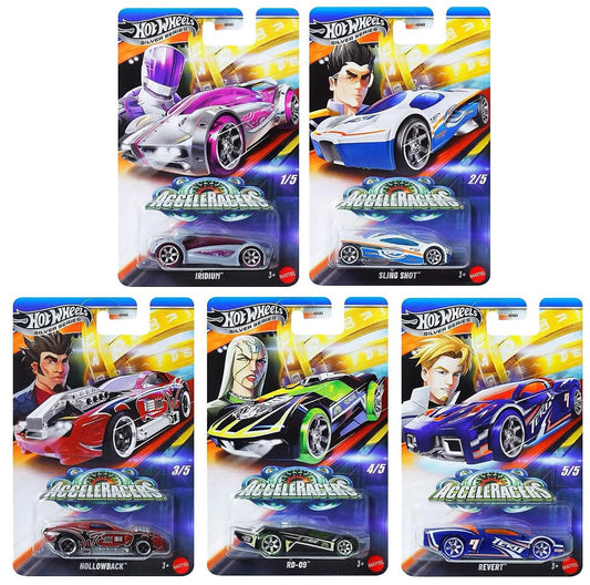 Hot Wheels Silver Line AcceleRacers 5-car set featuring RD-09, Iridium, Hollowback, Sling Shot, and the new Revert casting in collector packaging.