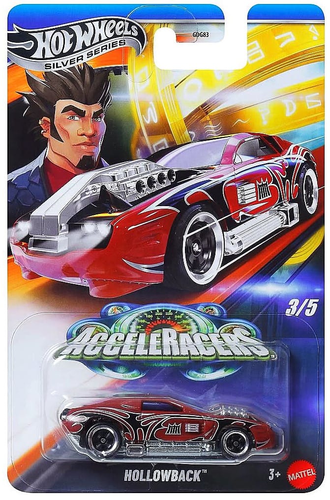 Hot Wheels Hollowback muscle racer with aggressive stance in red and black racing details from the Silver Line AcceleRacers series. Blister