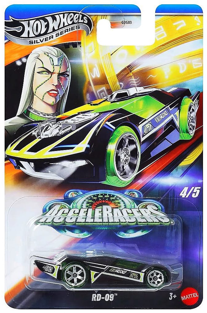 Hot Wheels RD-09 futuristic racer in black and green from the Silver Line AcceleRacers set. Blister