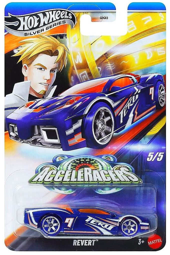 Hot Wheels Revert new casting debut with futuristic aerodynamic design and Blue and Organge finish from the Silver Line AcceleRacers set.