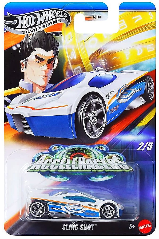 Hot Wheels Sling Shot twin-fin aerodynamic car in blue and white livery from the Silver Line AcceleRacers set. Blister