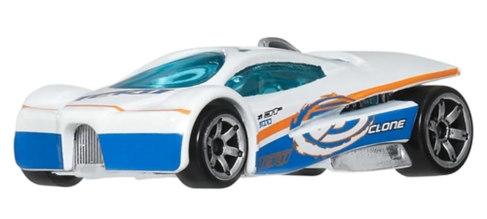 Hot Wheels Sling Shot twin-fin aerodynamic car in blue and white livery from the Silver Line AcceleRacers set.