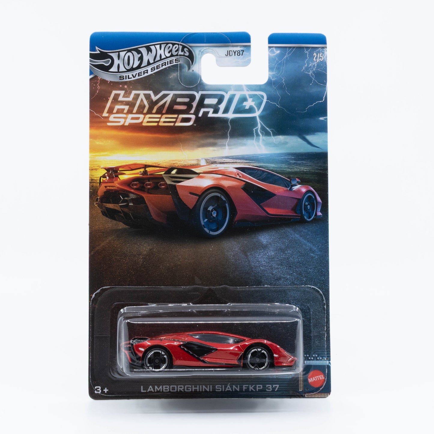 1:64 Hot Wheels Lamborghini Sián FKP 37 – Hybrid Speed Silver Line die-cast supercar model.