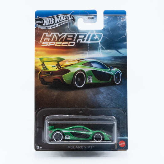 1:64 Hot Wheels McLaren P1 Green #01 – Hybrid Speed Silver Line die-cast hypercar model.