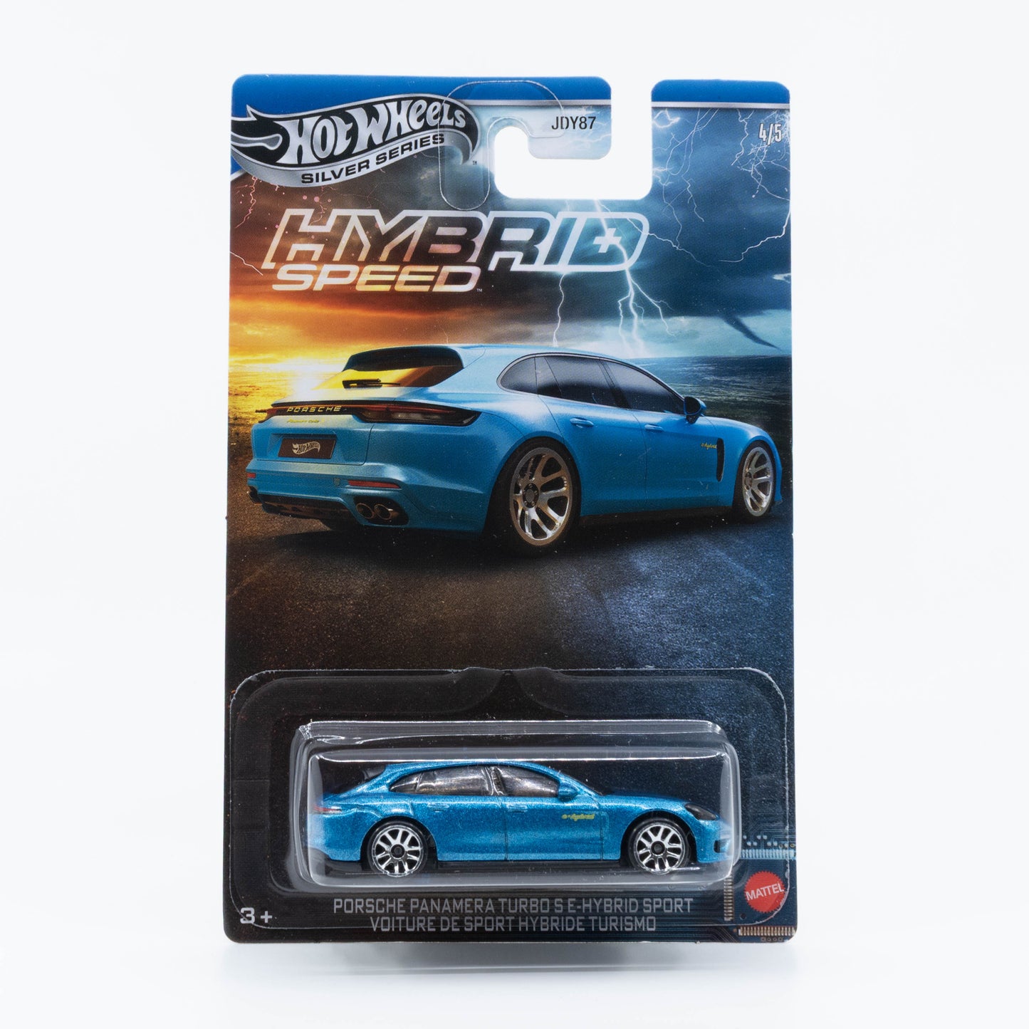 1:64 Hot Wheels Porsche Panamera Turbo S E-Hybrid Sport Electric Blue – Hybrid Speed Silver Line die-cast model.