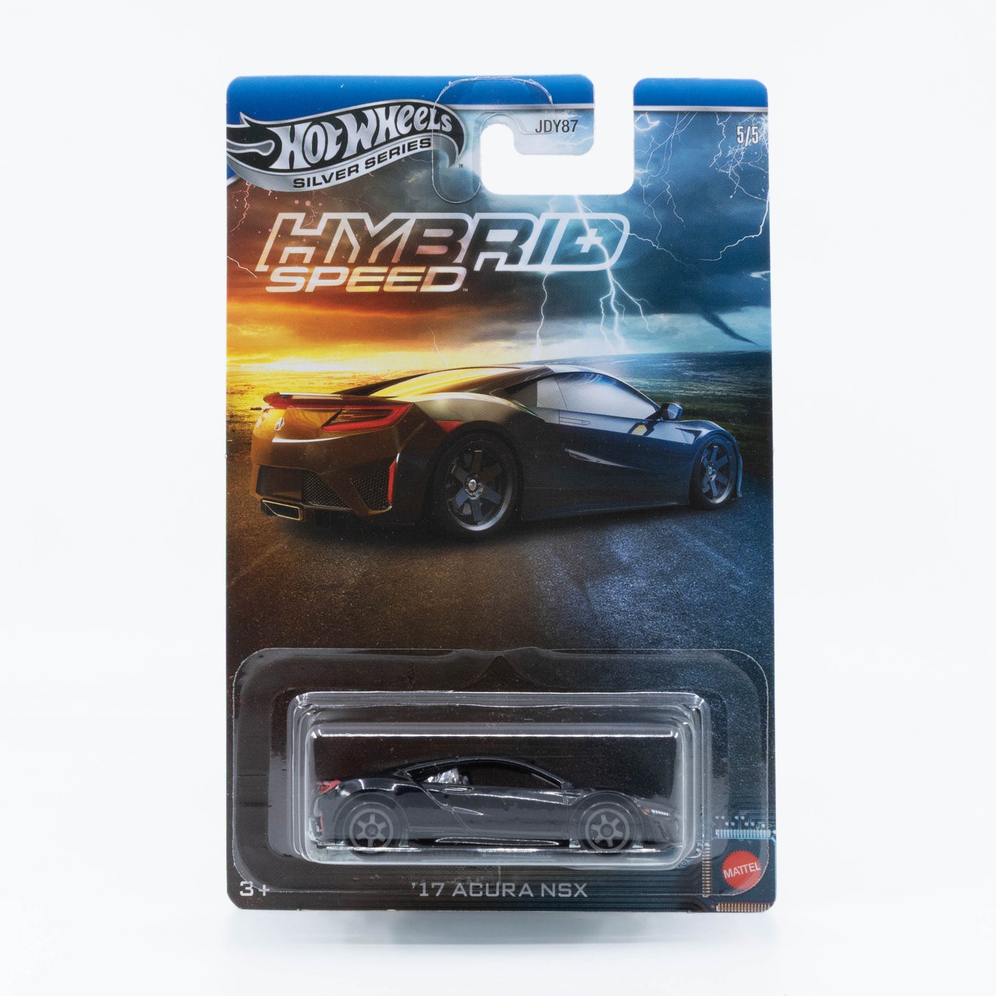 1:64 Hot Wheels ’17 Acura NSX – Hybrid Speed Silver Line die-cast hybrid supercar model.