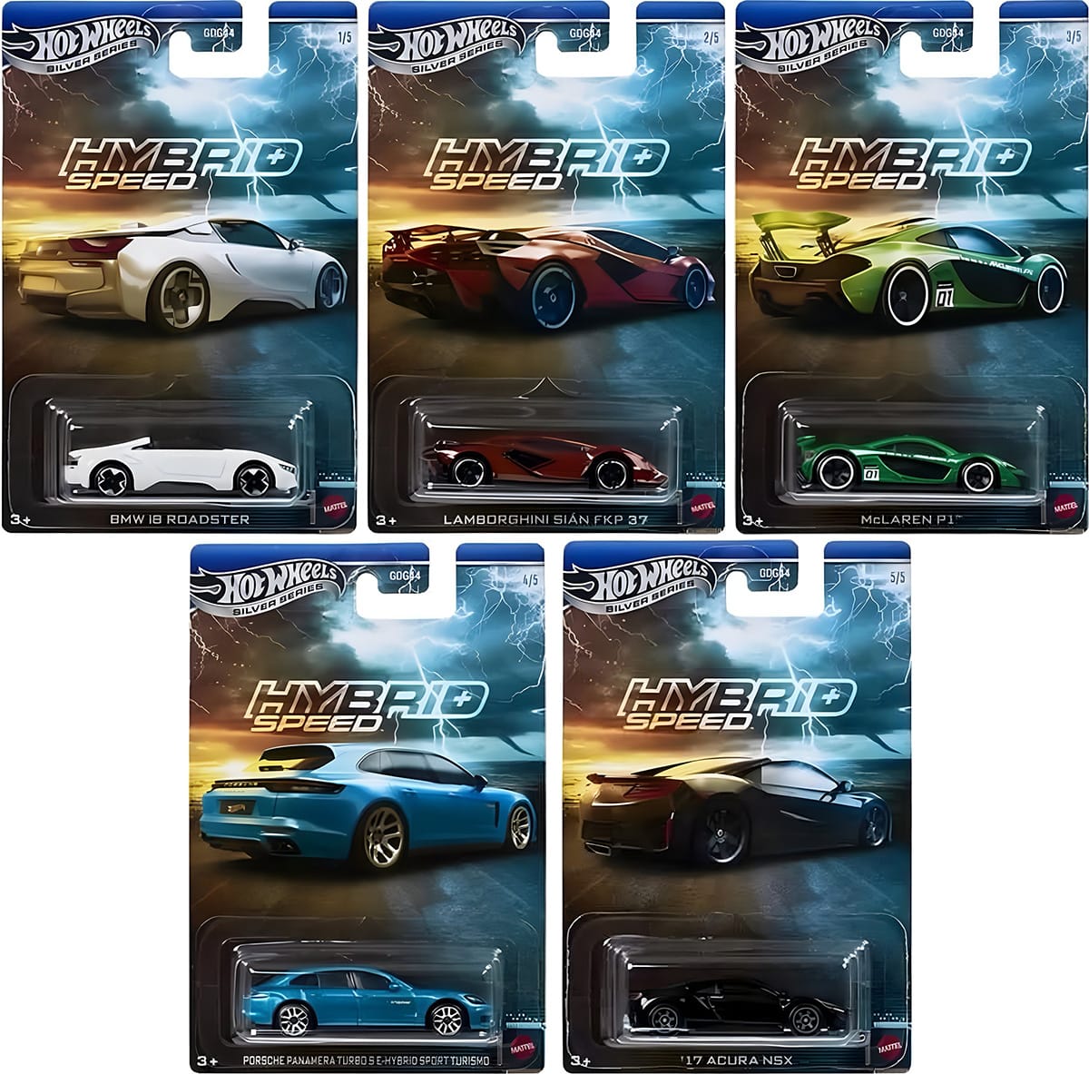 Hot Wheels Silver Line Hybrid Speed 5-car set featuring BMW i8 Roadster, Lamborghini Sián FKP 37, McLaren P1, Porsche Panamera Turbo S E-Hybrid, and 2017 Acura NSX in collector packaging.
