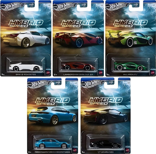 Hot Wheels Silver Line Hybrid Speed 5-car set featuring BMW i8 Roadster, Lamborghini Sián FKP 37, McLaren P1, Porsche Panamera Turbo S E-Hybrid, and 2017 Acura NSX in collector packaging.