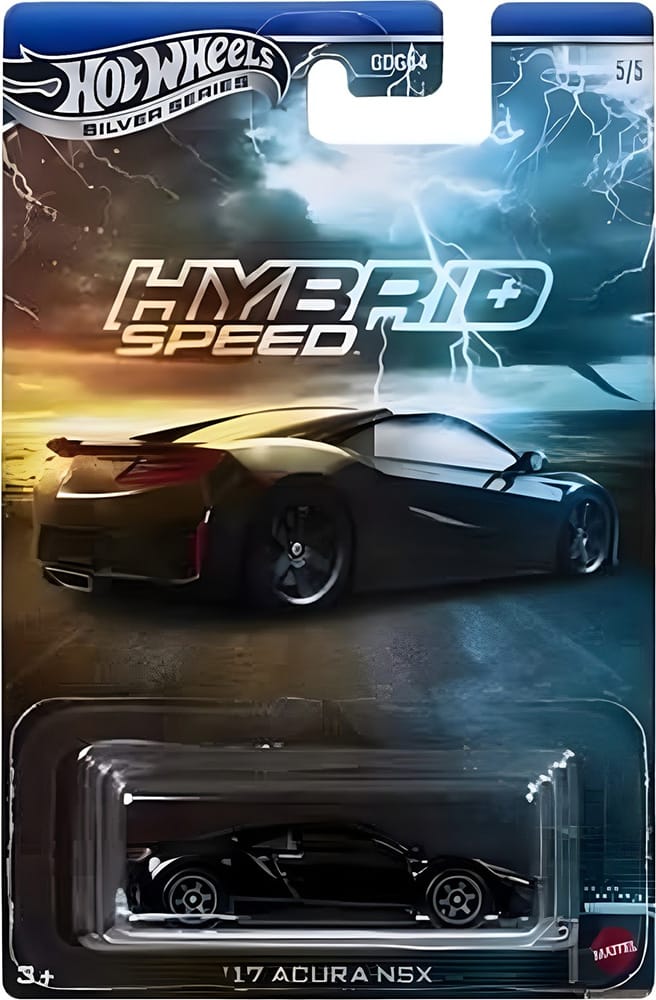 Hot Wheels 2017 Acura NSX in metallic black hybrid performance livery from the Silver Line Hybrid Speed set.