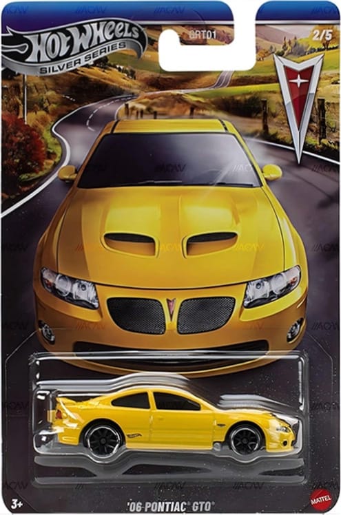 Hot Wheels 2006 Pontiac GTO with modern muscle styling in Silver Line packaging.