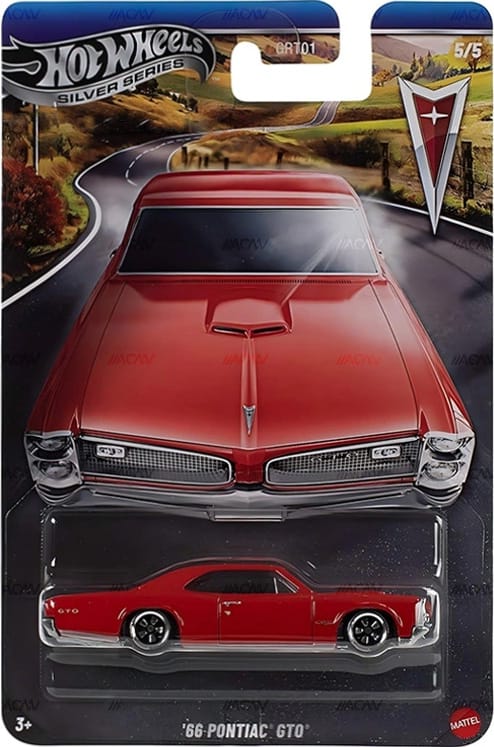 Hot Wheels 1966 Pontiac GTO early muscle car with intricate die-cast details in Silver Line packaging.