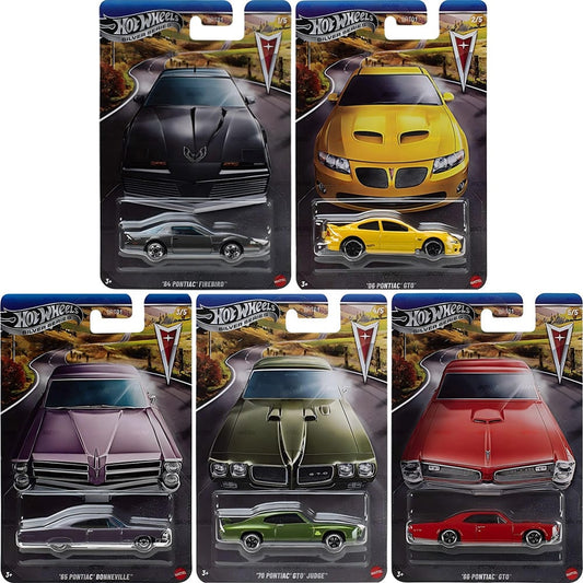 Hot Wheels Silver Line Pontiac 5-car set featuring '84 Firebird, '06 GTO, '65 Bonneville, '70 GTO Judge, and '66 GTO.