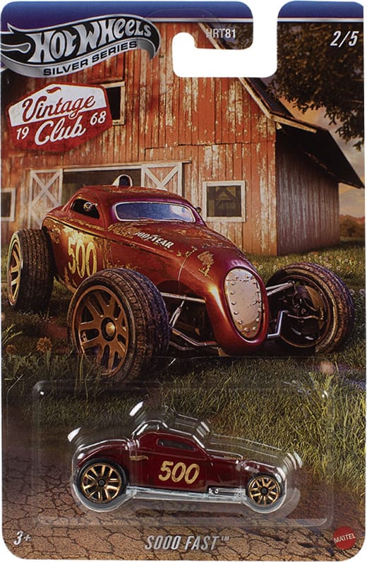 Hot Wheels Sooo Fast vintage-styled hot rod in Silver Line collector packaging.