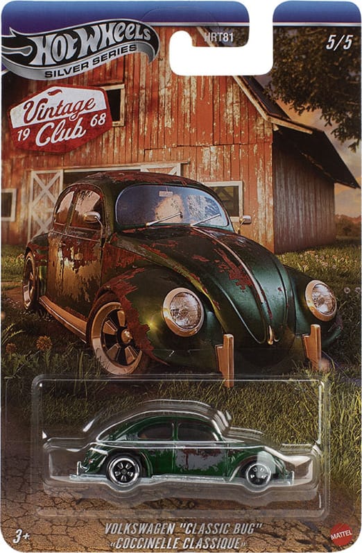 Hot Wheels Volkswagen Classic Bug in Silver Line packaging with nostalgic design details.