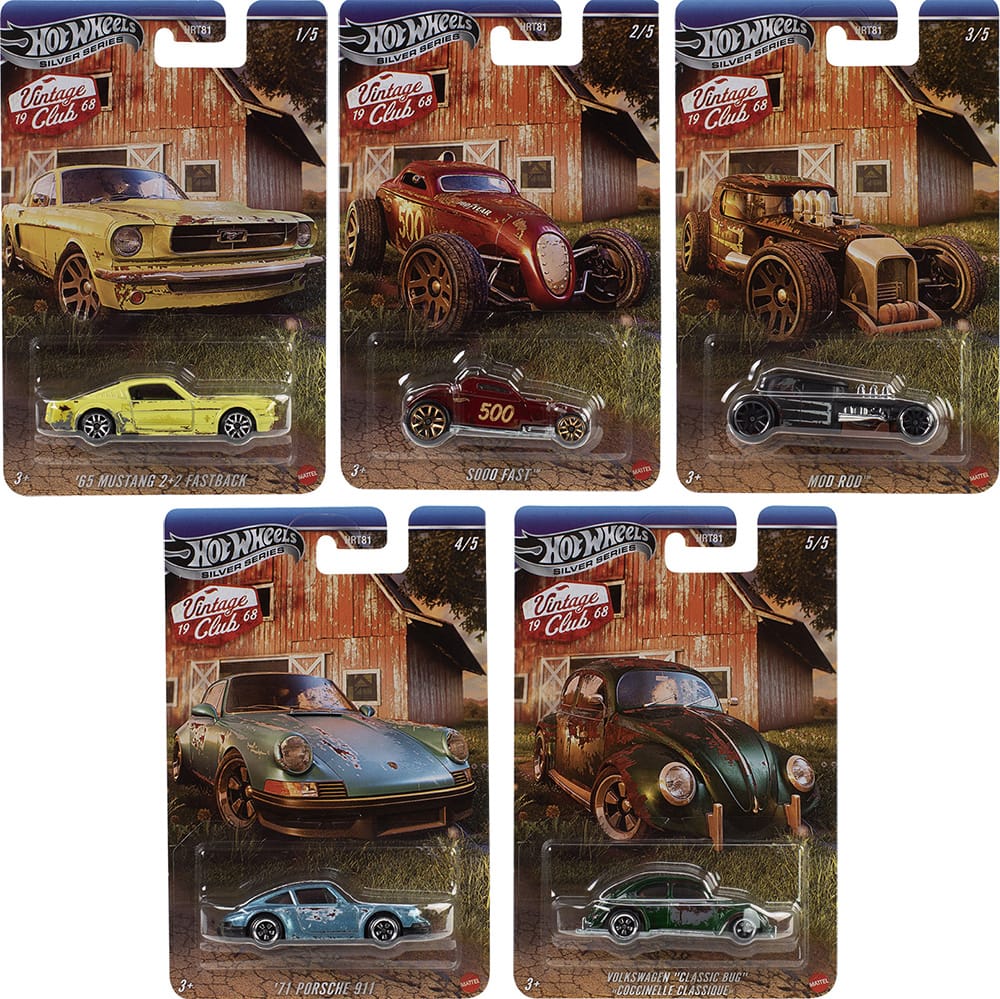 Hot Wheels Silver Line Vintage Club 5-car set featuring '65 Mustang 2+2 Fastback, Sooo Fast, Mod Rod, '71 Porsche 911, and Volkswagen Classic Bug.