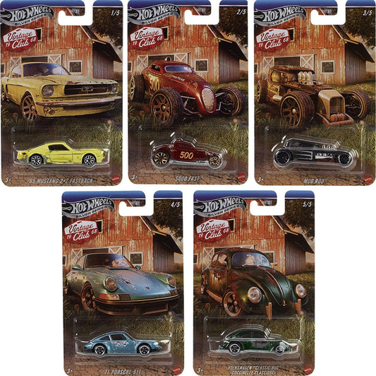 Hot Wheels Silver Line Vintage Club 5-car set featuring '65 Mustang 2+2 Fastback, Sooo Fast, Mod Rod, '71 Porsche 911, and Volkswagen Classic Bug.